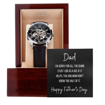 Men's Openwork Watch Gift and Box with Dumb Stuff Card